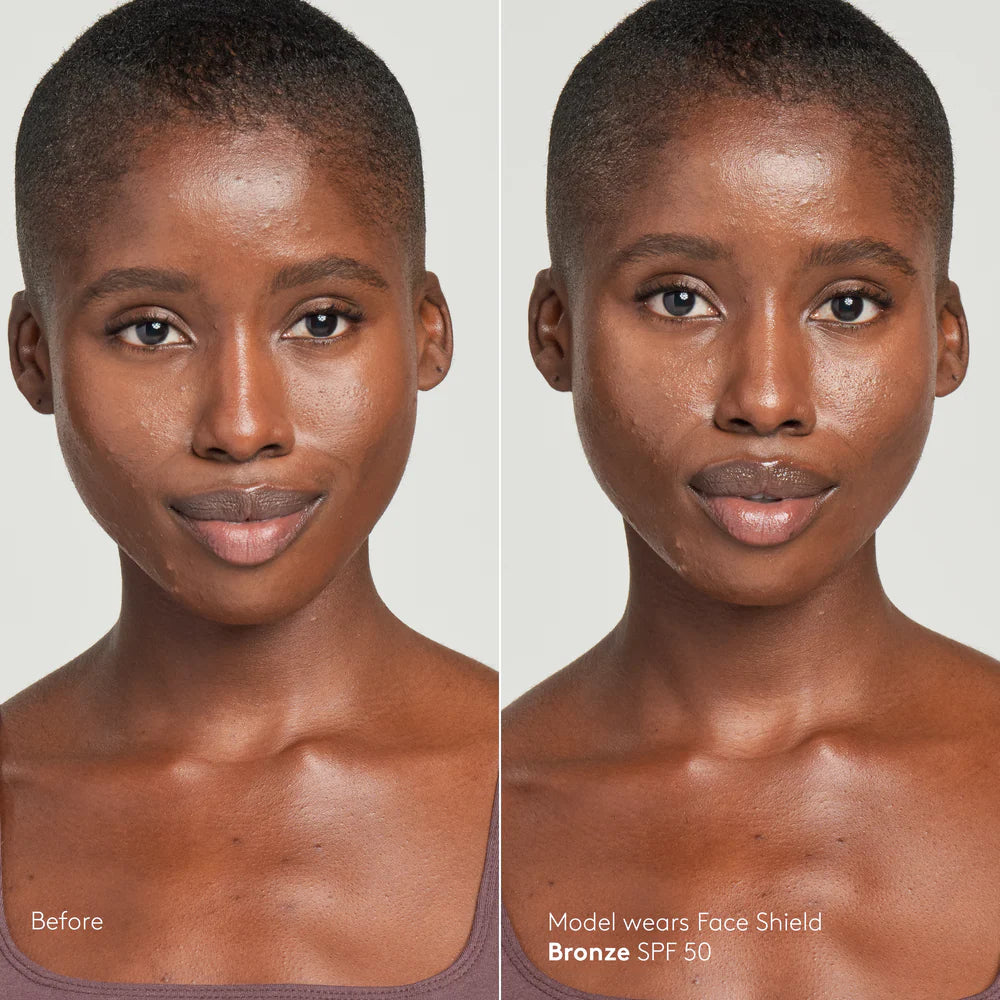 model wears face shield branze spf 50